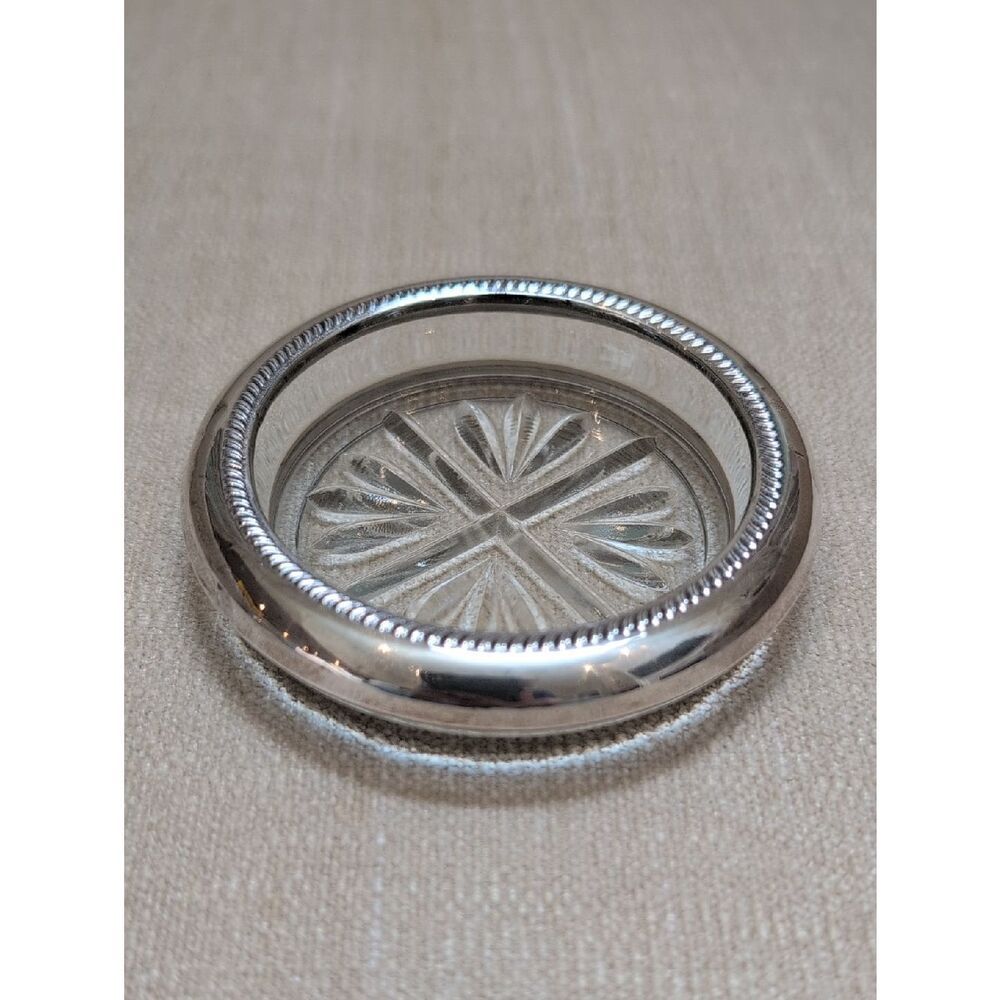 Vintage F B Rogers Sterling Silver Cut Glass Coaster Retro Ashtray